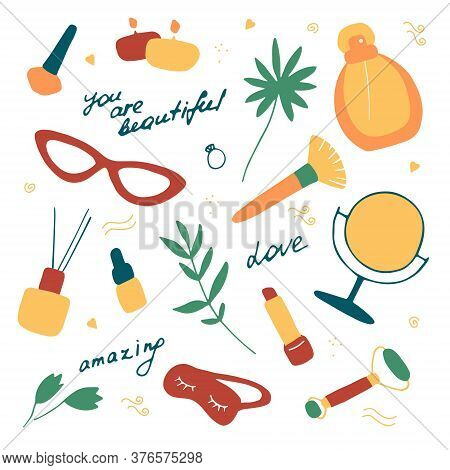 Woman Set. Beauty Accessories And Cosmetic Products. Skin Care Collection. You Are Beautiful And Ama