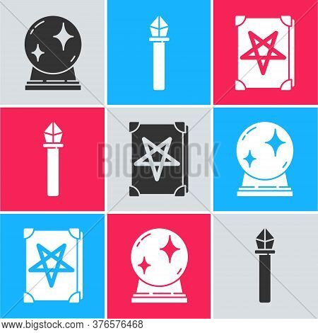Set Magic Ball, Magic Staff And Ancient Magic Book Icon. Vector