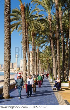 Benidorm, Spain-february 4th 2020: The Promenade Paseo In The Month Before The Covid Virus Lockdown 