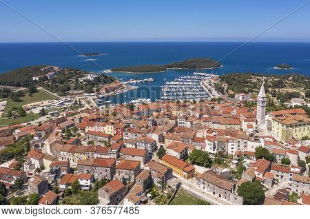 An Aerial Shot Of Coastal City Vrsar, Island Sveti Juraj  In Background Istria, Croatia