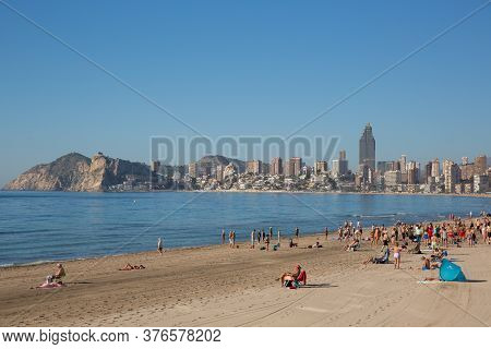 Benidorm, Spain-february 4th 2020: The Beach In The Month Before The Covid Virus Lockdown At Benidor