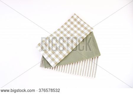Top View New Kitchen Towels In Green Olives Strip And White Color Simple Pattern In Differnet Style