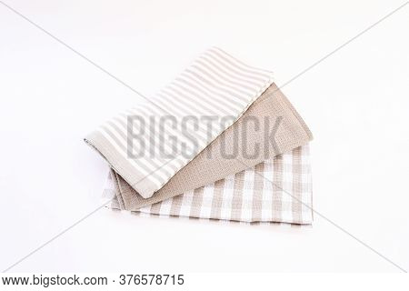 Top View New Kitchen Towels In Brown Chermolla Strip And White Color Simple Pattern In Differnet Sty