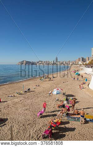 Benidorm, Spain-february 4th 2020: The Beach In The Month Before The Covid Virus Lockdown At Benidor
