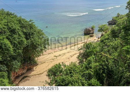 Beach Aerial View, Padang Padang Beach, Indonesia. Quiet Place During Corona Virus Time