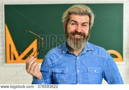 Stylish Trendy Teacher. Happy Teacher In Glasses. Check Knowledge Of Student. Are You Ready For Exam
