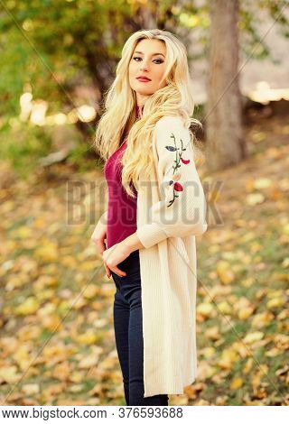 Feel So Warm And Comfortable. Autumn Fashionable Cardigan. Girl Stylish Outfit With Soft Wool Or Cas
