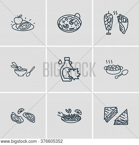 Vector Illustration Of 9 World Cuisine Icons Line Style. Editable Set Of Austrian Apfelstrudel, Pad 