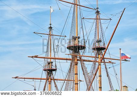 Sailing Mast Of Ship. Sailing Vessel Main Topgallant Mast With Crows Nest. Old Frigate Warship