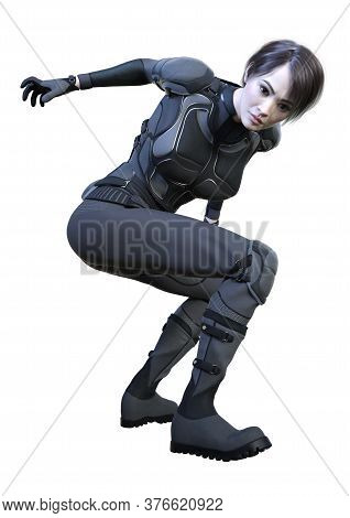 3D Rendering Female Sceince Fiction Fighter On White