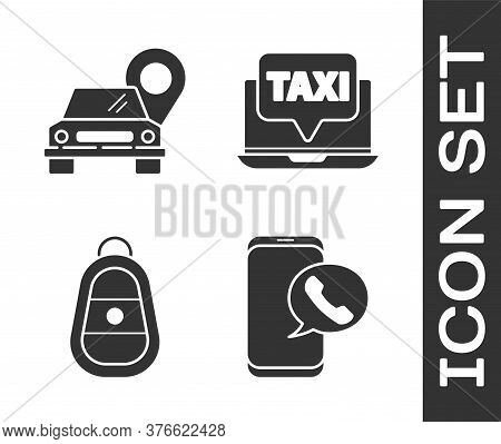 Set Taxi Call Telephone Service, Map Pointer With Taxi, Car Key With Remote And Laptop Call Taxi Ser