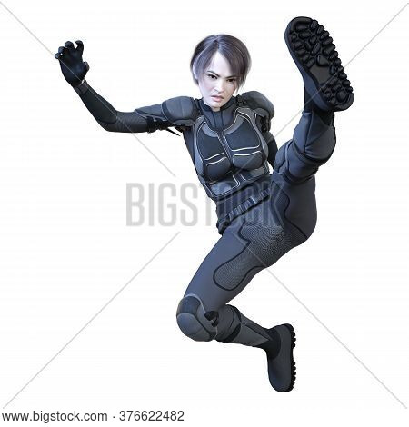 3D Rendering Female Sceince Fiction Fighter On White