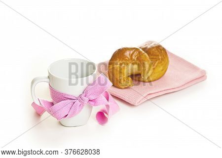 White Cup With Croissant Isolated On White Background
