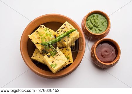 Gujarati Khaman Dhokla Or Steamed Gram Flour Puffy Snack Cake