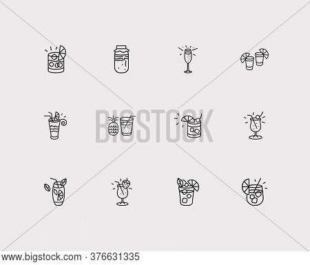 Drink Icons Set. Pina Colada And Drink Icons With Pineapple Juice, Champagne And Kambucha. Set Of Ma