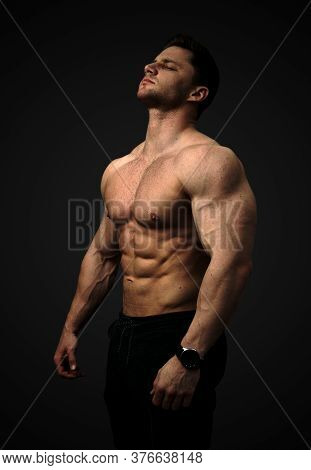Aesthetic, Muscular Man Shirtless. Concentration On Goals, Motivation, Thinking. A Strong Six-pack B