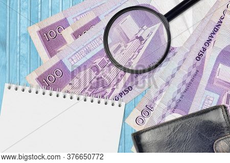 100 Philippine Piso Bills And Magnifying Glass With Black Purse And Notepad. Concept Of Counterfeit 