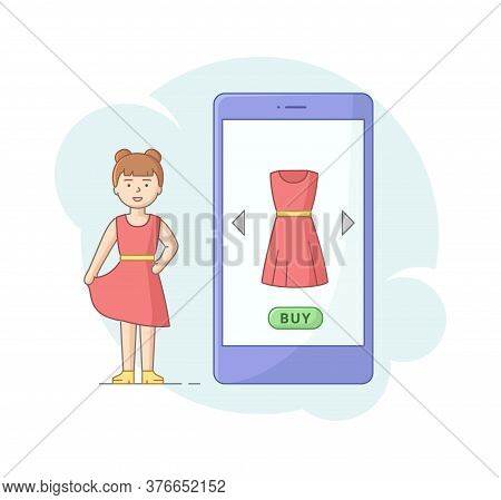 Online Shopping Concept. Girl Doing Shopping Online. Woman Order On The Internet Goods, Choosing Dre
