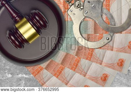 3 Cuban Pesos Convertibles Bills And Judge Hammer With Police Handcuffs On Court Desk. Concept Of Ju