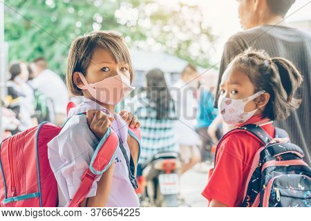 Kanchanaburi,thailand-july 2,2020:unidentified Elementary School Students Wear Face Mask To Prevent 