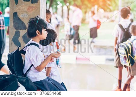 Kanchanaburi,thailand-july 2,2020:unidentified Elementary School Students Wear Face Mask To Prevent 