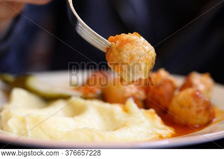 Dish Of Meatballs Mashed Potatoes And Pickles. Healthy Living Everyday Concept