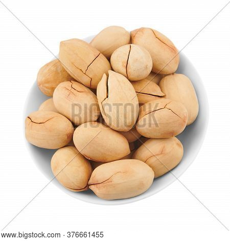 Pecan Nuts In Shell, In Piala, Isolated On A White Background