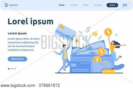 Happy Tiny Man And Woman With Big Open Wallet Flat Vector Illustration. Isolated Young Guy Holding P