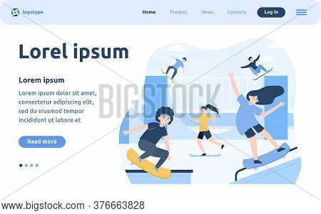 Fun Extreme Skateboard Park Flat Vector Illustration. Cartoon Teenagers Jumping And Doing Tricks Wit