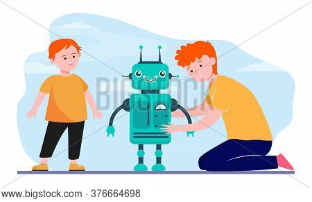 Happy Father And Son Playing With Robot. Robotics, Boy, Computer Flat Vector Illustration. Family An