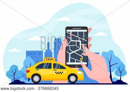Yellow Cab On City Road. Hands Of Person Using Mobile Service For Ordering Or Finding Taxi. City Map