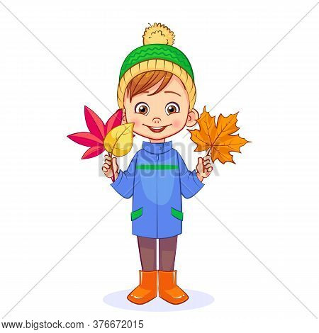 A Smiling Boy Holds Bright Autumn Leaves In His Hands. Cutout Vector Cartoon Kids Character In Full-