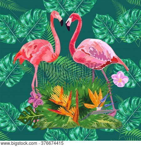 Trendy Seamless Pattern Pink Flamingo Birds Couple. Bright Camelia Flowers. Tropical Monstera Philod
