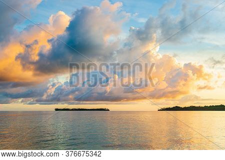 Sunrise Dramatic Sky Over Sea, Tropical Islands, Unique Stormy Clouds And Golden Sunlight, Travel De