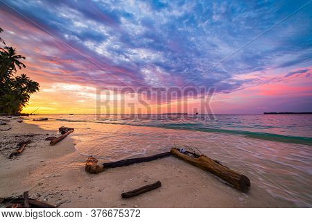 Sunrise Dramatic Sky On Sea, Tropical Desert Beach, No People, Stormy Clouds, Travel Destination, In