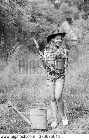 Here I Am. Hellow Summer. Small Girl Planting With Shovel. Earth Day. Environment Ecology. Green Nat