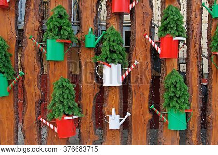 Artificial Coniferous Trees In Colourful Watering Cans Hanging On A Wooden Fence With A Garland