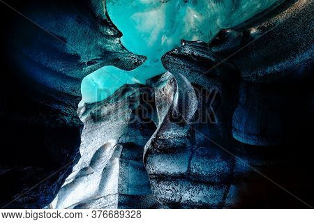 Blue crystal ice cave, underground beneath the glacier in Iceland, Europe