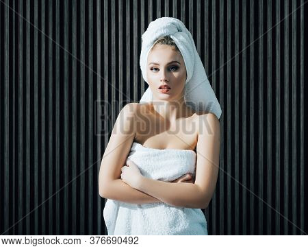 Beautiful Woman Handle Towel, After Bath. Beauty Portrait Of Half Naked Woman With A Towel Wrapped A