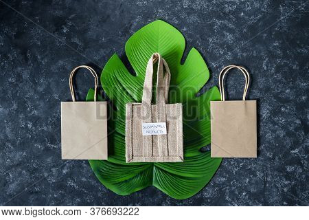 Ecological Choices And Environmental Awareness Concept, Paper Bag With Susutainable Products Label O