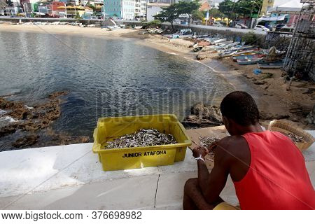 Salvador, Bahia / Brazil - February 3, 2017: Fisherman Is Seen Separating Bait On The Rio Vermelho B