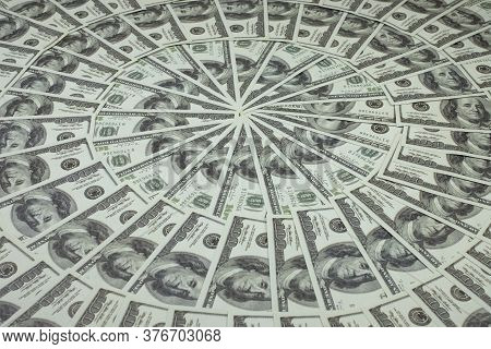 Group Of Money Stack Of 100 Us Dollars Banknotes A Lot Of Is Arranged In A Beautiful Circle, Selecti