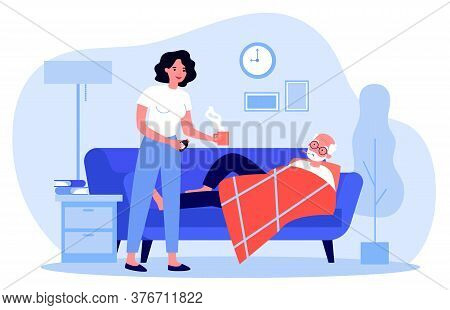 Woman Taking Care About Senior Man With Flu. Adult Daughter Giving Hot Drink To Old Father Flat Vect