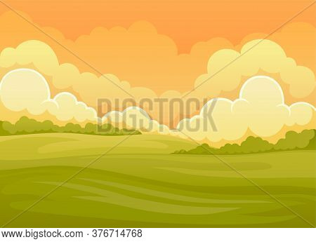 Picturesque Nature Landscape With Bright Day And Green Meadow View Vector Illustration