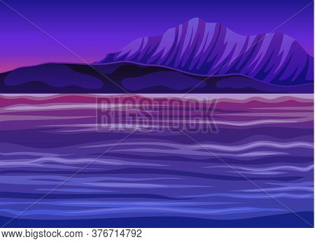 Picturesque Nature Landscape With Sunset And Water View Vector Illustration