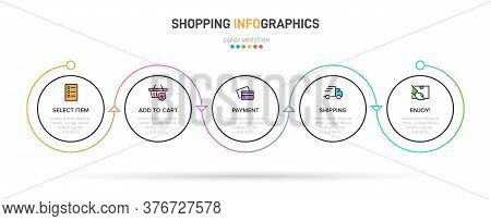 Concept Of Shopping Process With 5 Successive Steps. Five Colorful Graphic Elements. Timeline Design