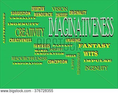 Imaginativeness Word Designed With Multiple Related Text Mean On Colorful Vector Cloud Abstract.