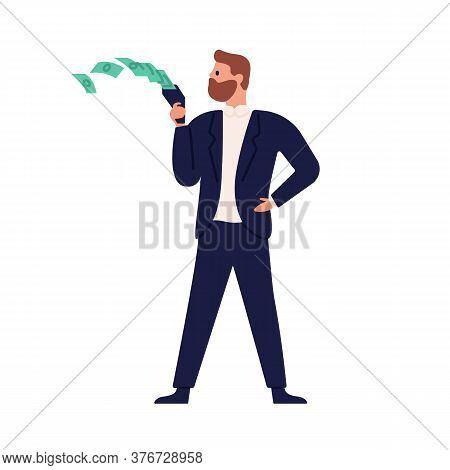 Rich Stylish Business Male Spending Money Vector Flat Illustration. Businessman Throwing Out Banknot