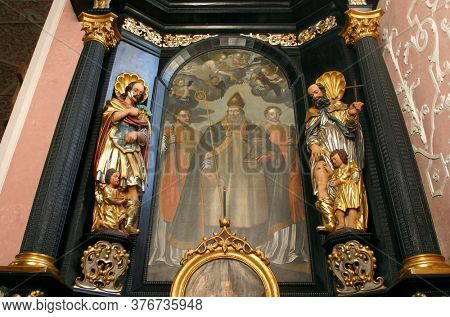 ZAGREB, CROATIA - MAY 16, 2013: Altar of Saint Dionysius in the Church of Saint Catherine of Alexandria in Zagreb, Croatia