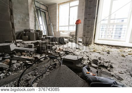 Wall Smashed Into Debris Room In Apartment Ready For Renovation With Destroyed Smashed Wall Demolish